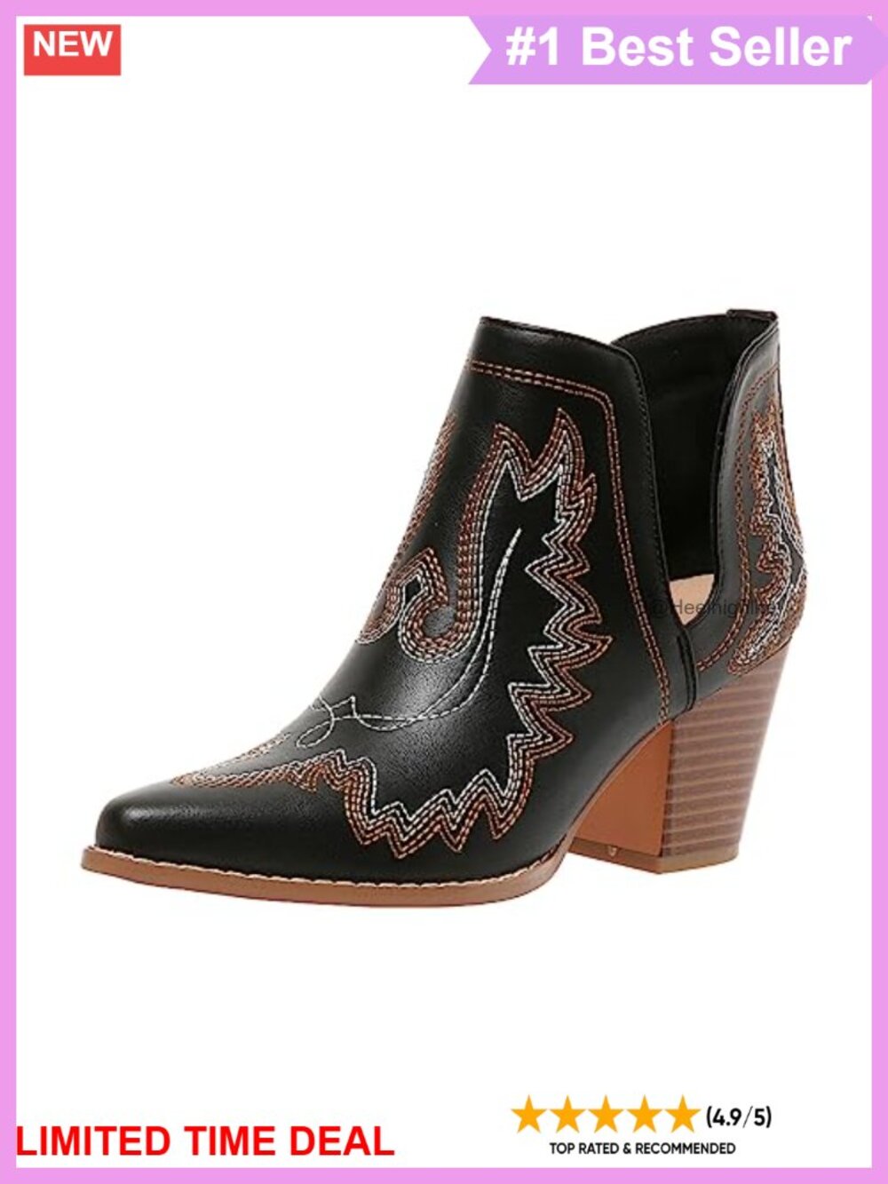 Pointed Toe Cowboy Ankle Boots Chunky Heel Cutout Leather
